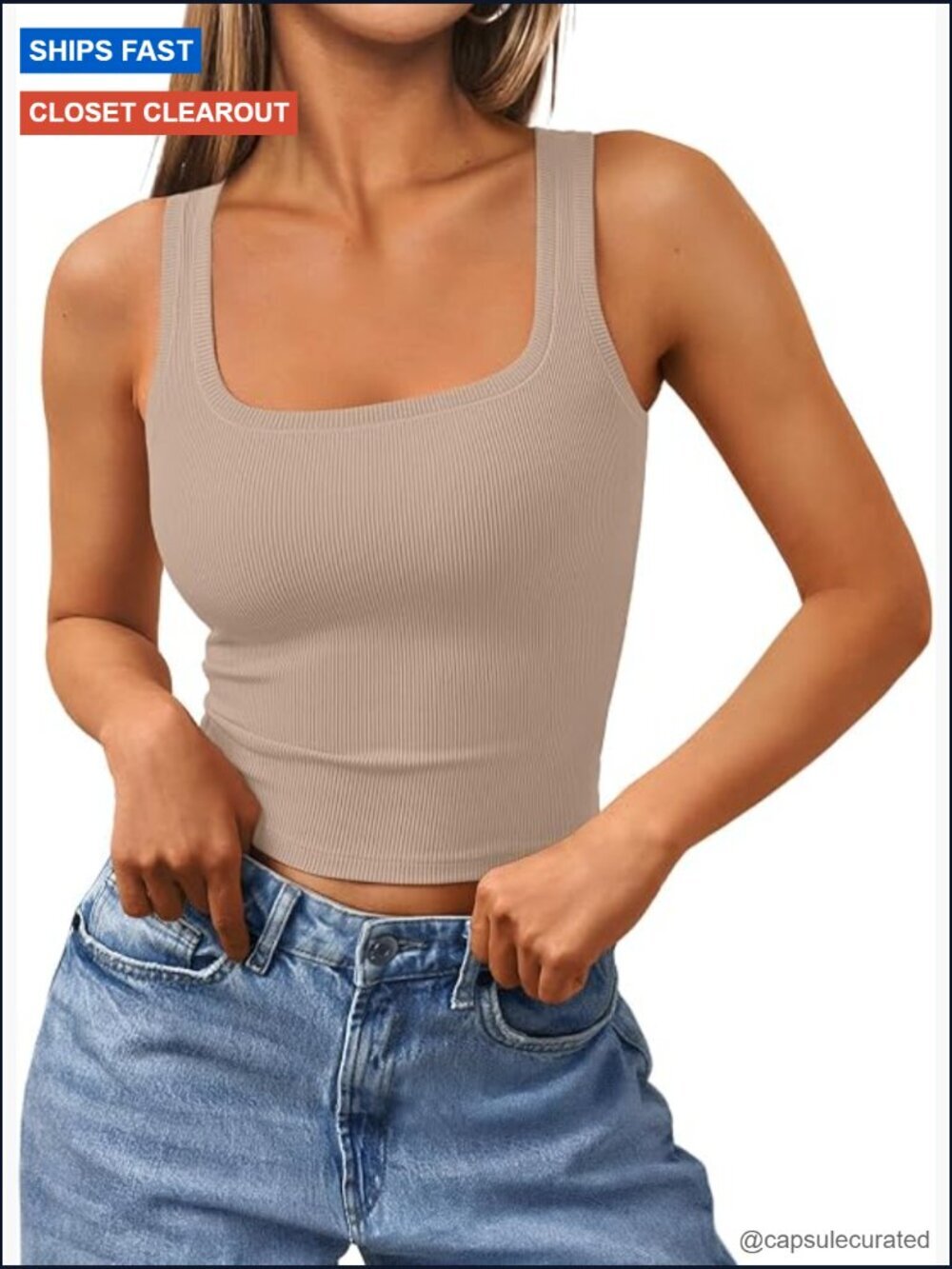 Women's Square Neck Cropped Ribbed Tank Top Sleeveless Summer